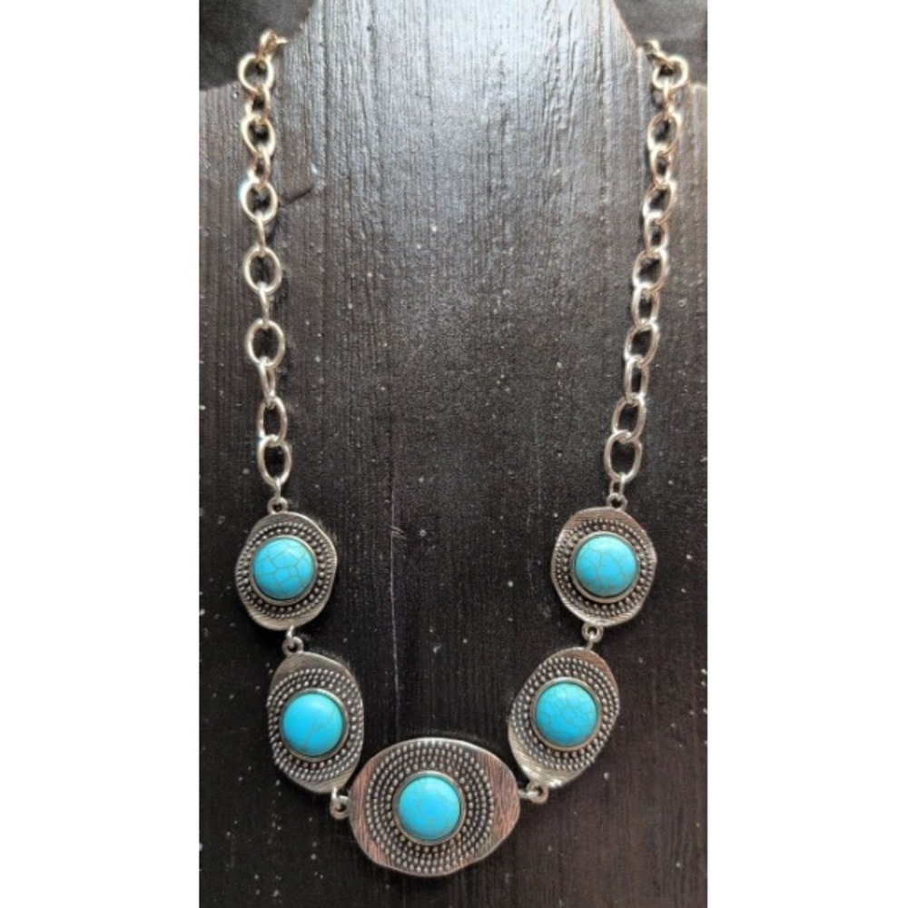 New Faux Turquoise Silver Tone Statement Necklace 21" Blue Southwestern Cowgirl